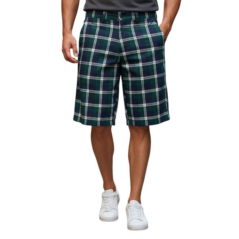 Quiksilver Mens 30 Green Plaid Bermuda Shorts Flat Front Golf Preppy